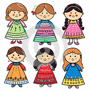 Six cartoon character girls smiling, standing, diverse dresses colorful. Childrens book vectored