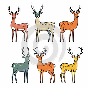 Six cartoon deer illustrated vibrant colors, deer features different color patterns antler