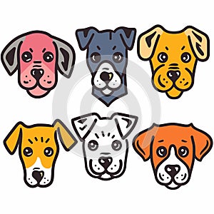 Six cartoon dog faces different expressions, colors ranging pink, blue, yellow white orange, dog