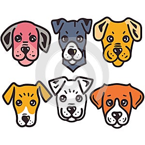 Six cartoon dog faces displayed, varying breeds colors expressions, canine head distinct