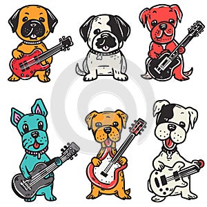 Six cartoon dogs playing guitars, colorful cartoon style, music theme. Different breeds hold