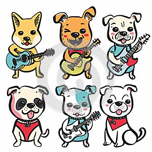 Six cartoon dogs playing guitars, distinct colors expressions. Top row yellow dog, orange dog, dog photo