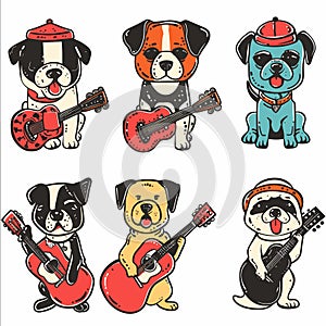 Six cartoon dogs, playing red guitar, various breeds accessories. Dogs illustrated different