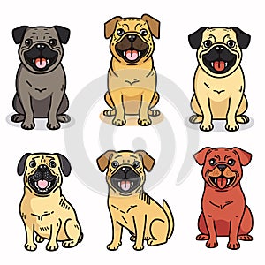 Six cartoon dogs smiling, various colors, seated standing poses. Six pugs illustrated, happy