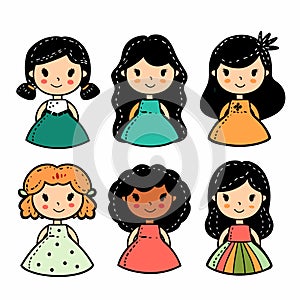 Six cartoon dolls diverse ethnicities smiling cute dresses. Handdrawn style colorful dolls girls
