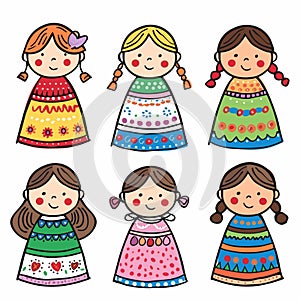 Six cartoon dolls smiling, colorful dresses, cute hairstyles. Childlike drawing style, doodle