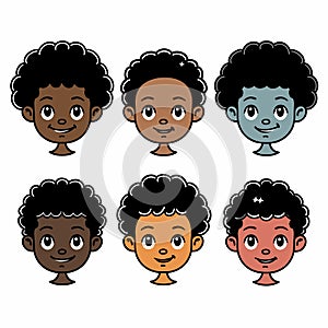 Six cartoon faces young African boy displaying different emotions. Illustration features