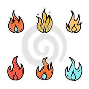 Six cartoon fire flames different shapes colors. Handdrawn style fire set, diverse flame blue