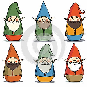 Six cartoon gnomes arranged rows, unique colored outfits hats. Gnomes display cheerful photo
