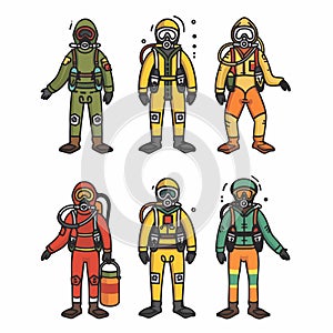 Six cartoon hazmat suits assorted colors, gear, workwear, emergency response, standing figures photo