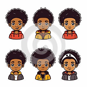 Six cartoon illustrations young African boy various expressions outfits, boy has curly hair, wide