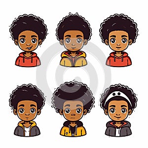 Six cartoon illustrations young African boy various expressions outfits, boy has curly hair, wide photo