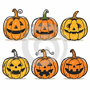 Six cartoon jackolanterns displayed, varied facial expressions designs, all festive Halloween