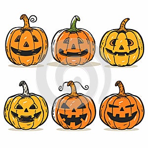 Six cartoon jackolanterns displayed, varied facial expressions designs, all festive Halloween photo