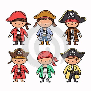 Six cartoon pirate characters standing, cute childlike illustrations. Various outfits photo