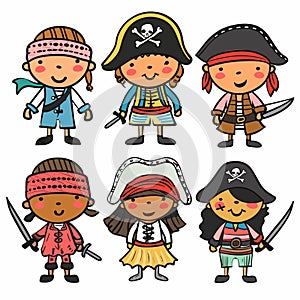 Six cartoon pirate kids wearing various pirate costumes holding swords, looking playful, ready