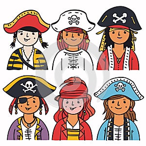 Six cartoon pirates smiling diverse characters collection wearing classic pirate hats. Childlike