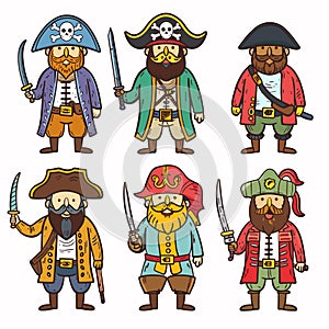 Six cartoon pirates stand proudly, sporting unique hats, beards, colorful pirate attire, armed