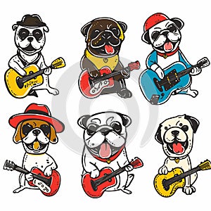 Six cartoon pugs playing guitars, wearing hats sunglasses, music theme, colorful design, isolated