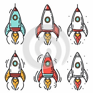 Six cartoon rockets, colorful space crafts blasting off. Handdrawn style rockets, red, teal photo