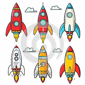 Six cartoon rockets various colors designs flying against backdrop clouds, rocket exhibits unique photo