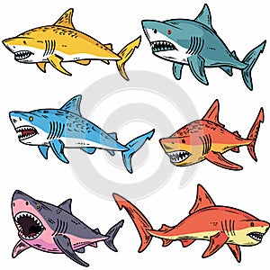 Six cartoon sharks different colors swimming underwater. Handdrawn style marine life predators photo