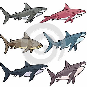 Six cartoon sharks swim various directions colors gray red brown blue vector illustration. Marine photo