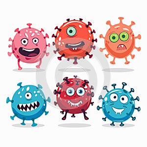 Six cartoon virus characters display various emotions colors, anthropomorphic design. Cute virus