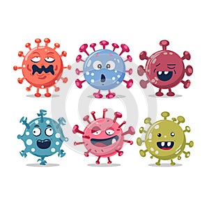 Six cartoon virus characters exhibit diverse emotions colors, representing pathogens. Cute photo