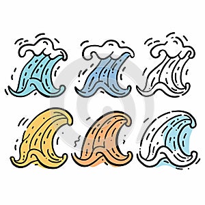 Six cartoon waves handdrawn, different color, simple wave design. Artistic set colorful waves