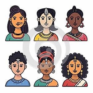 Six cartoonstyle avatars represent Indian people, showcasing traditional clothing jewelry. Top photo
