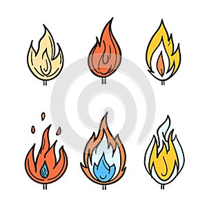 Six cartoonstyle flames colored differently, representing unique burning blaze. Simplistic fire