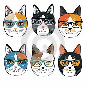 Six cats different fur patterns wearing colorful glasses, cat exhibits unique coloring eyewear photo