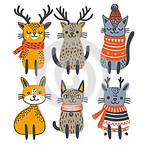 Six cats dressed winter clothing resembling forest animals. Orange cat deer antlers, scarf, blue photo