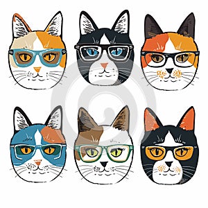 Six cats wearing different stylish glasses. Feline faces diverse colors bold lines cartoon style