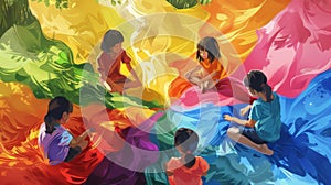 Six children sit outside on a sunny day surrounded by piles of brightly colored fabric. They are carefully swirling and