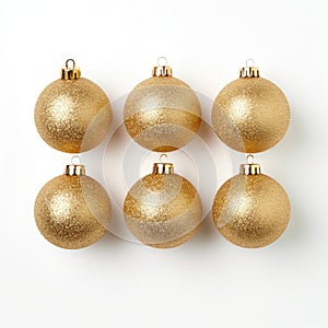 six christmas ornament balls covered with golden glitter