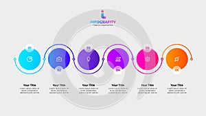 Six circles arranged in a row with a curved thin line and glassmorphism effect. Infographic design template with 6