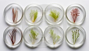 Six clear glass containers with plants in them