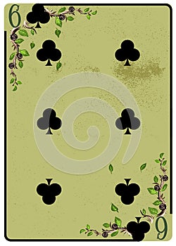 Six of Clubs playing card. Unique hand drawn pocker card. One of 52 cards in french card deck, English or Anglo-American pattern. photo