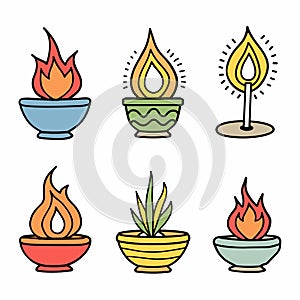 Six colorful bowls, containing fire flames, one plant, others candle oil lamp illustrations photo