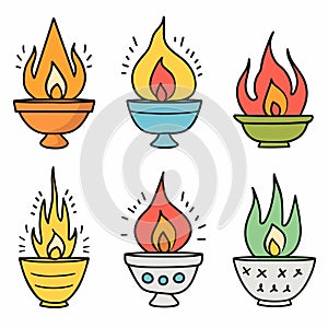 Six colorful bowls different flame designs represent various stylized fire. Cartoon fire vector