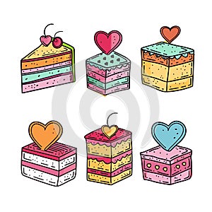 Six colorful cake slices doodle, heart topper cherries. Bright multilayer dessert set, love sweet photo