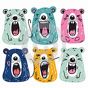 Six colorful cartoon bears exhibiting various emotions gaping mouths displaying teeth energetic photo