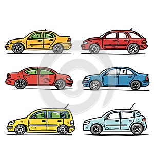 Six colorful cartoon cars displayed across three rows top row yellow red side views, middle row