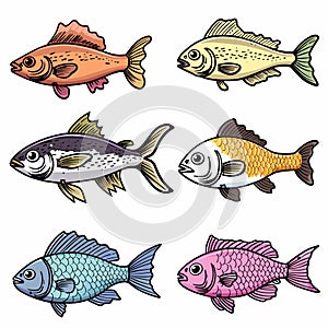 Six colorful cartoon fish illustrations featured against white background. Different species fish