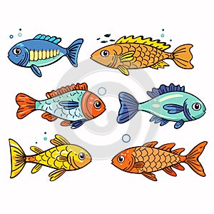 Six colorful cartoon fish swimming, aquatic life illustration, vibrant marine animals. Playful