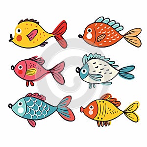 Six colorful cartoon fish swimming, various patterns expressions. Cute aquatic animals, playful