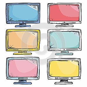 Six colorful cartoon monitors displayed vertically horizontally, different colored screen photo