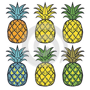 Six colorful cartoon pineapples arranged rows, tropical fruit concept, pineapple has unique color
